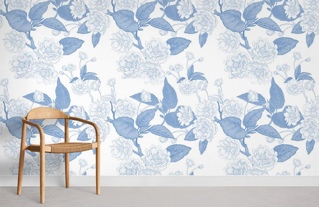 Vintage Blue Floral Blossom wallpaper in bright room, wooden chair, neutral flooring for home Décor.