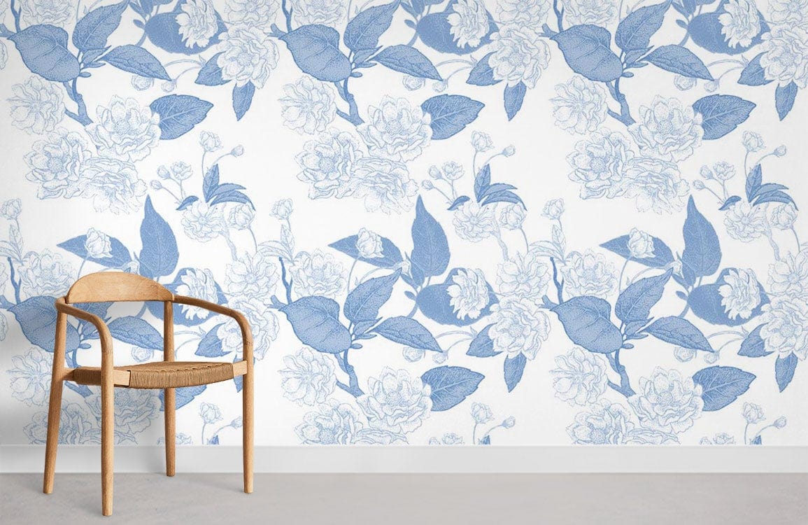 Vintage Blue Floral Blossom wallpaper in bright room, wooden chair, neutral flooring for home Décor.