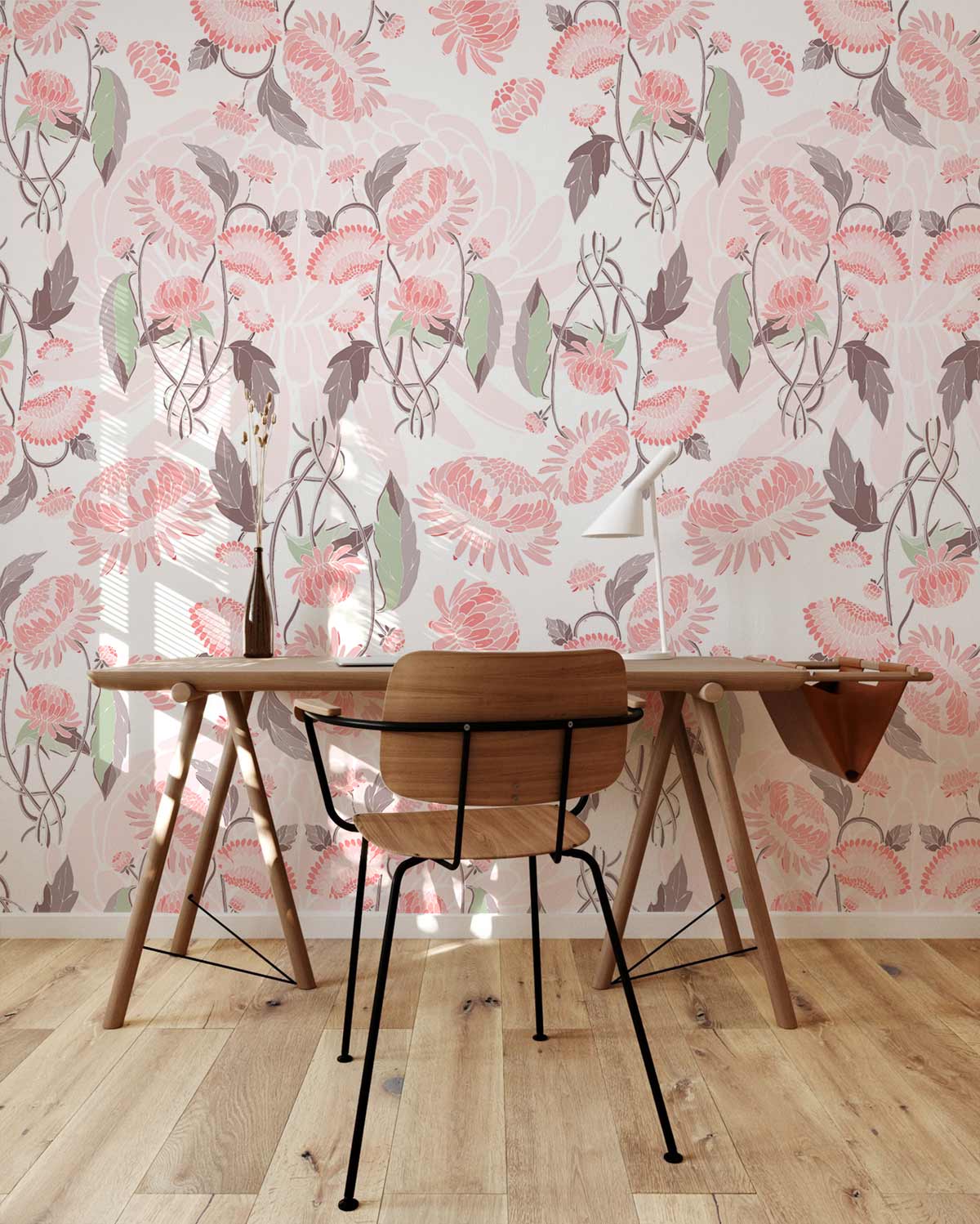 Elegant vintage floral wallpaper in soft pink and green tones, wooden desk, modern chair, light flooring.