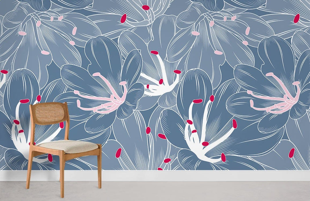 Serene Blue Floral Wallpaper with Pink Accents, Wooden Chair, Grey Carpet Flooring, Elegant Interior Design.