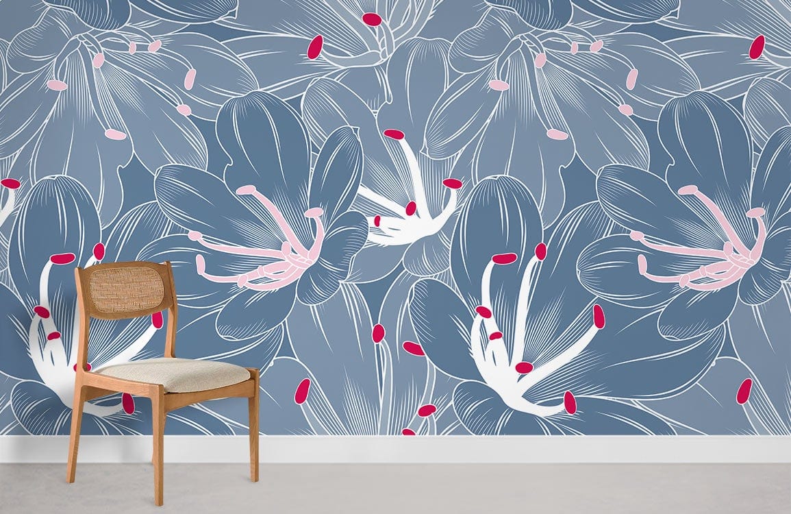 Serene Blue Floral Wallpaper with Pink Accents, Wooden Chair, Grey Carpet Flooring, Elegant Interior Design.