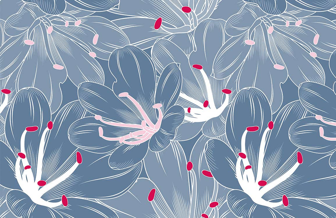Serene Blue Floral Pattern Wallpaper with Pink Accents for Elegant Spaces