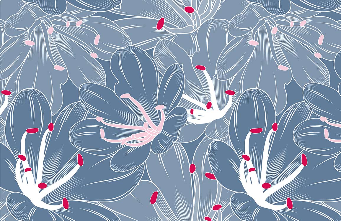 Serene Blue Floral Pattern Wallpaper with Pink Accents for Elegant Spaces