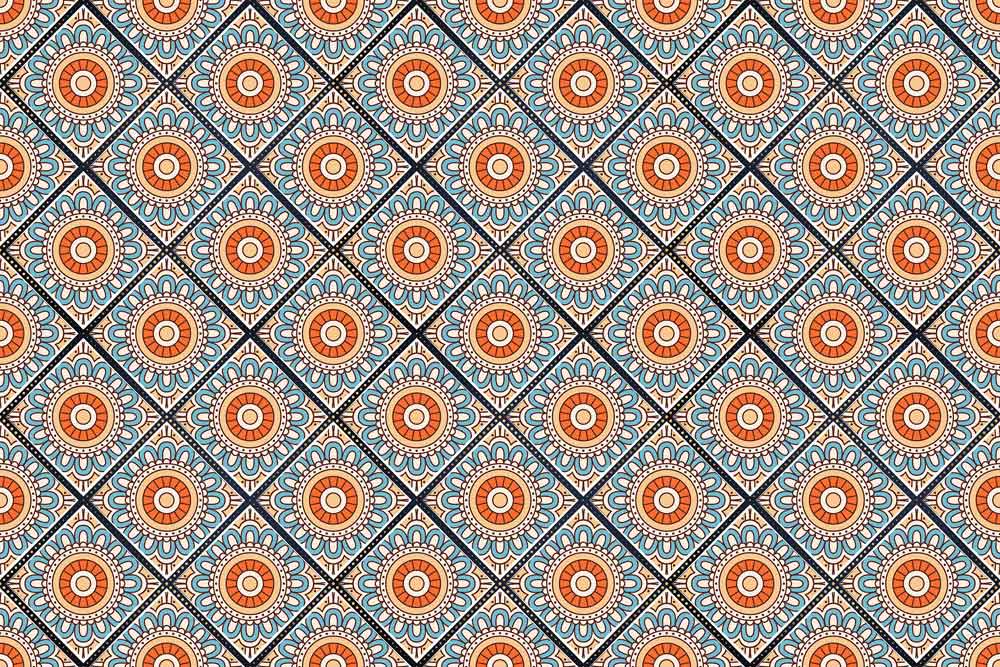 Moroccan Geometric Pattern Wallpaper – Blue & Orange Boho Tile Design