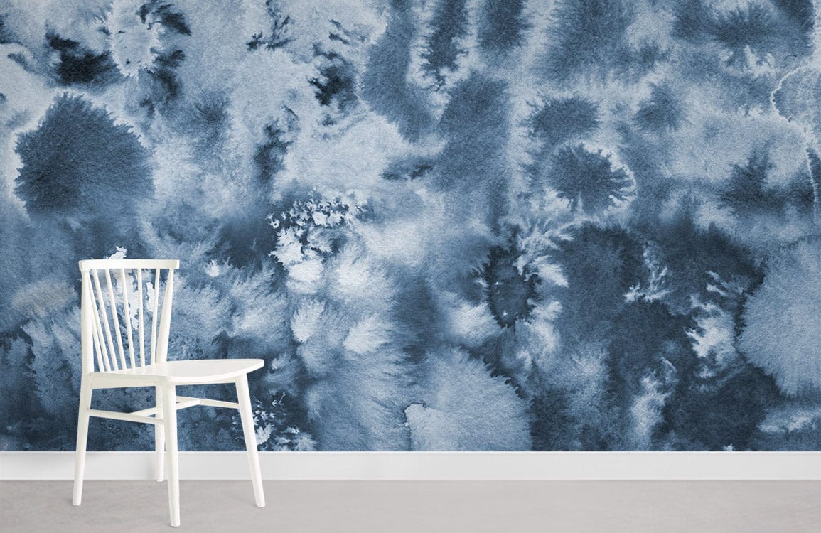 Serene Blue Watercolour wallpaper with white chair on grey flooring in modern interior room setting.