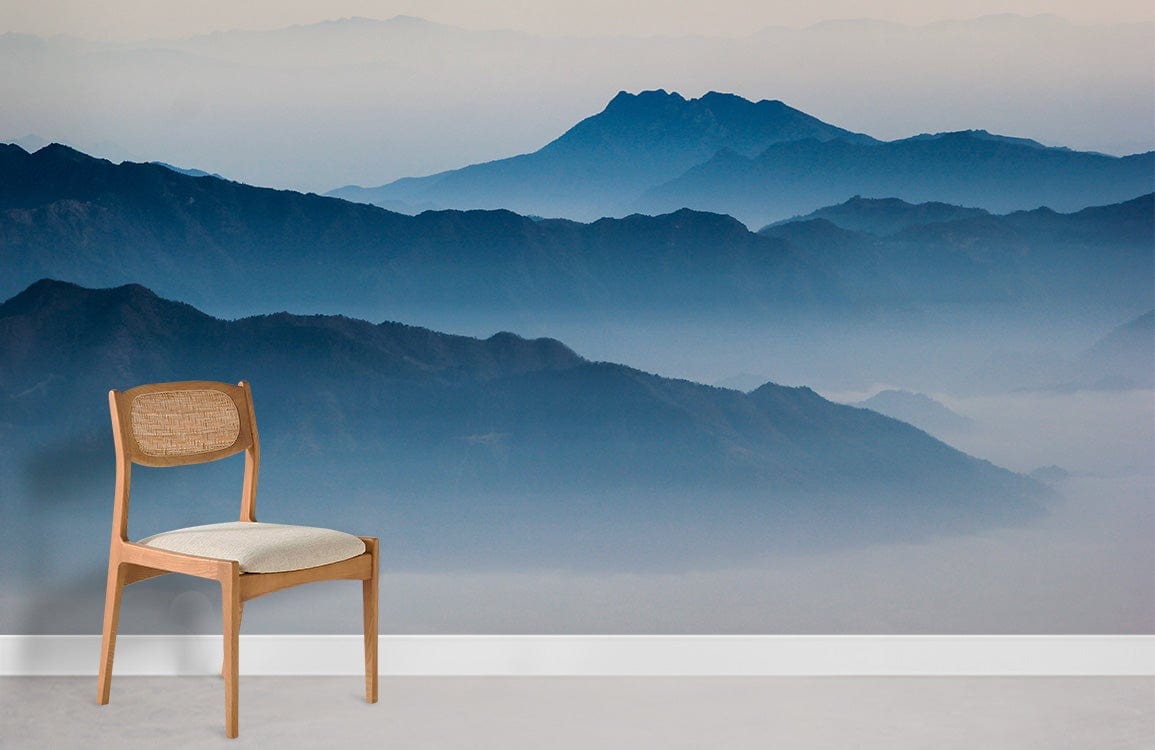 Tranquil mountain mural with minimalist wooden chair, white wall and floor, serene interior design.