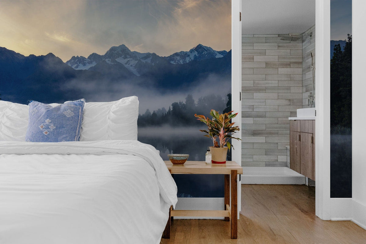Serene Mountain Lake Reflection Mural in Misty Blue, bedroom decor, hardwood flooring, white bedding.