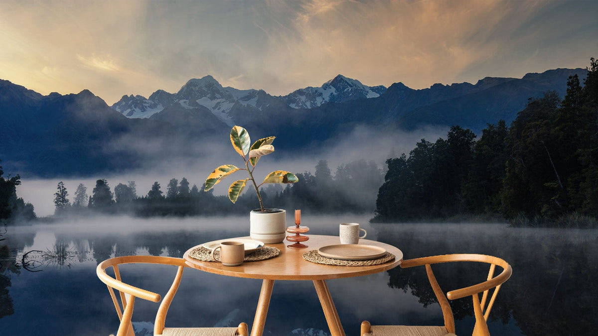 Serene Mountain Lake Reflection Mural Wallpaper, Misty Blue Hue, dining table, two wooden chairs, tranquil.