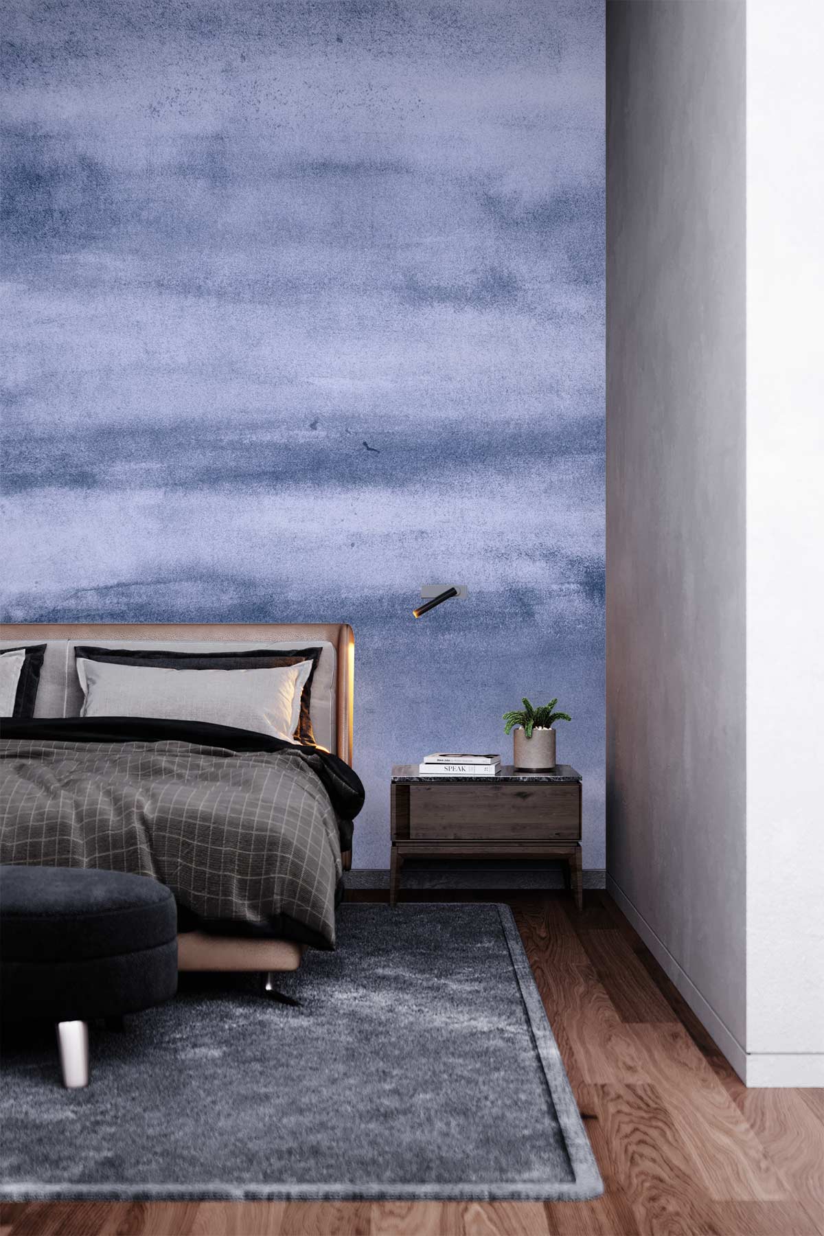 Serene Blue Watercolour Sky mural, elegant bedroom, grey rug, wooden flooring, modern bed, stylish interiors.