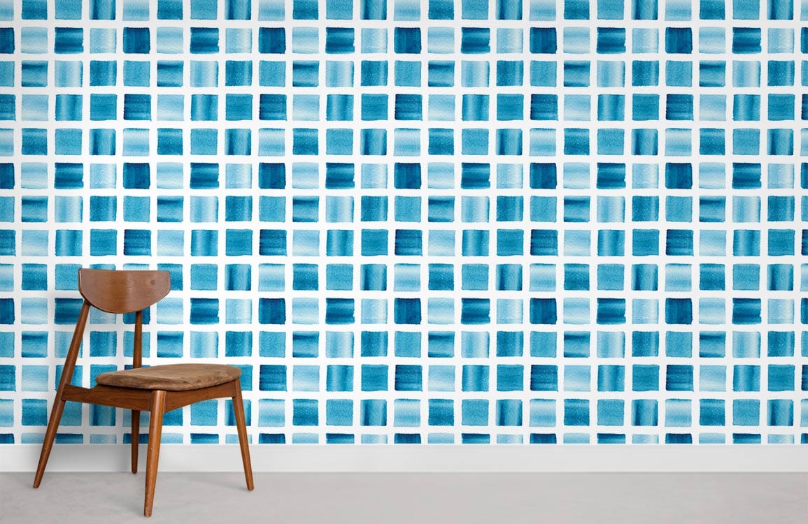 Modern blue geometric grid wallpaper, stylish wooden chair, minimalist design, contemporary interior decor suggestion.