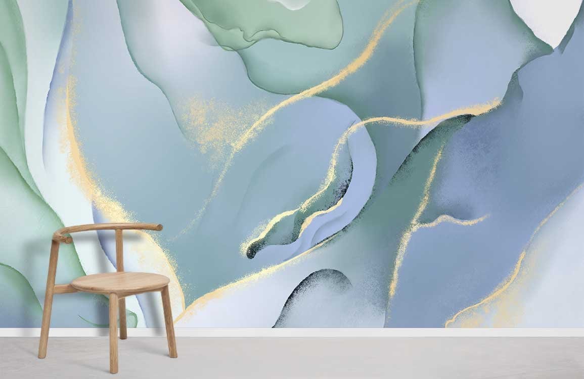 Elegant aqua and gold abstract mural wallpaper, modern chair, neutral floor, stylish interior design.