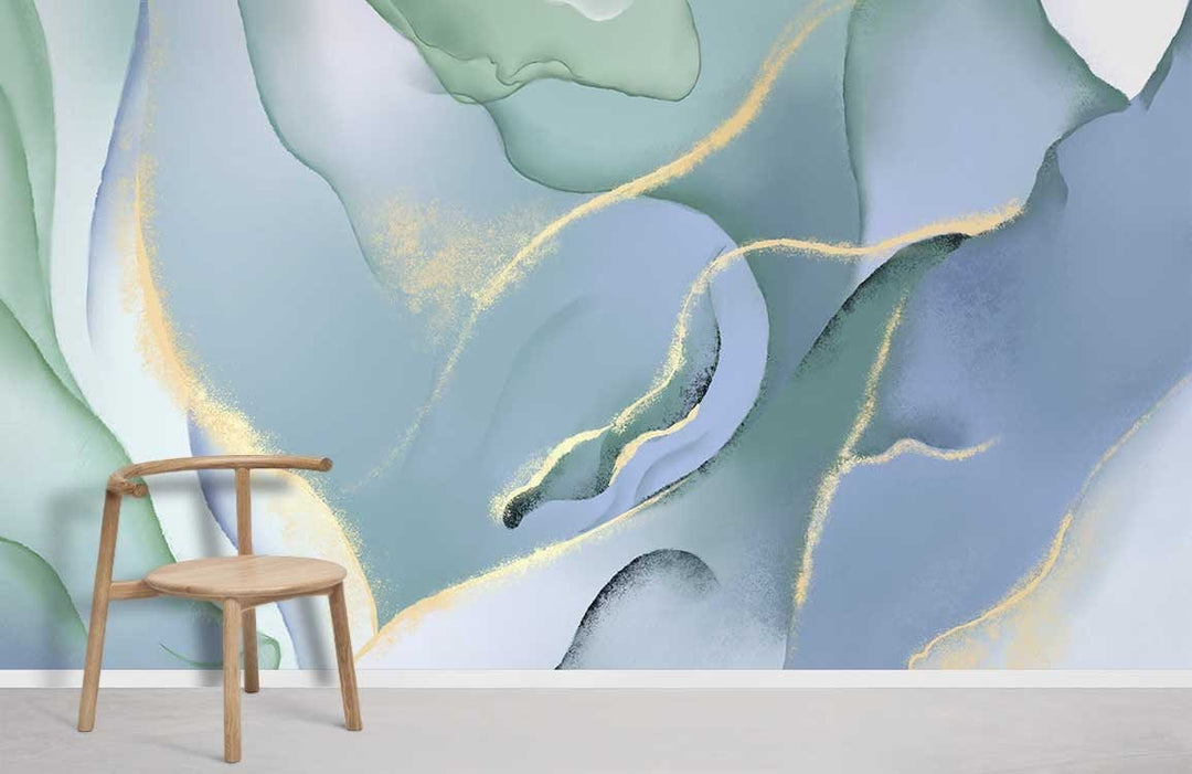 Elegant aqua and gold abstract mural wallpaper, modern chair, neutral floor, stylish interior design.