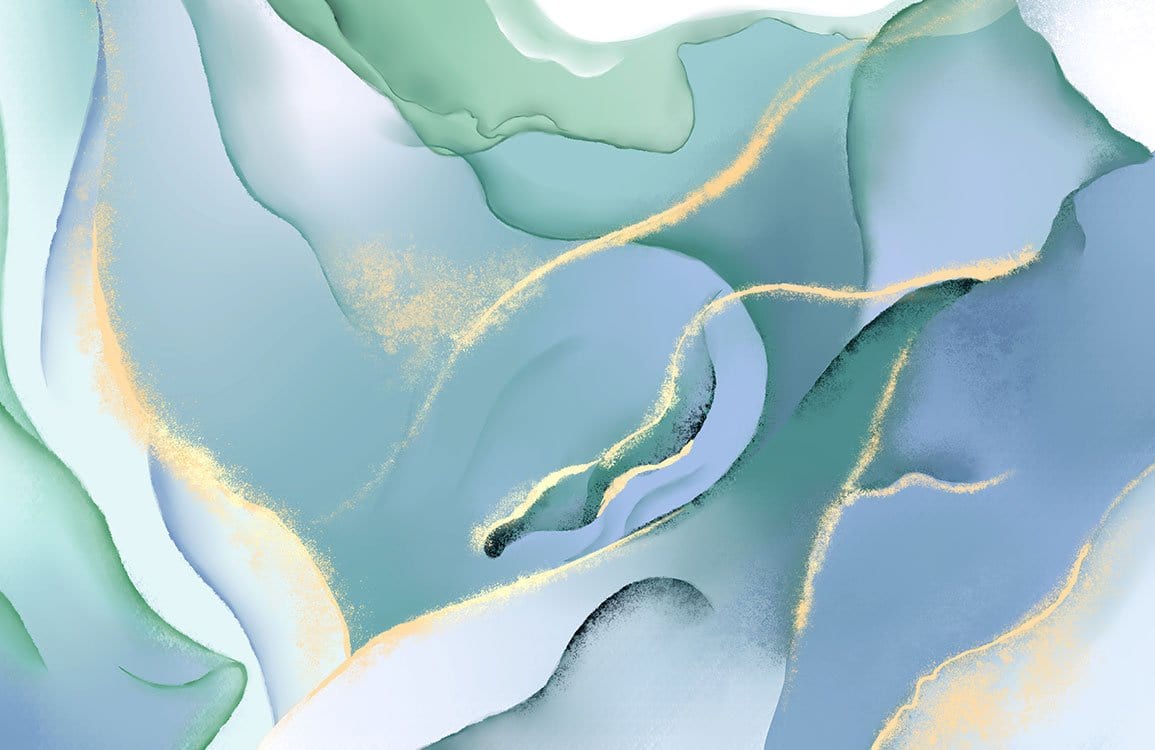 Elegant Aqua and Gold Abstract Flowing Design Mural Wallpaper for Modern Interiors