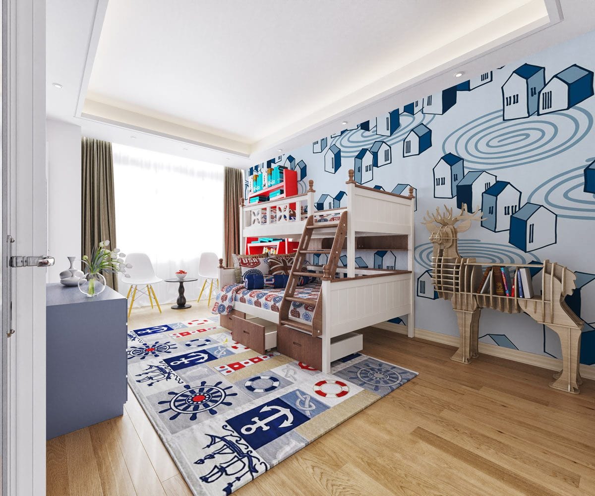 Contemporary kids' room with blue geometric wallpaper, nautical rug, wooden flooring, and playful furniture.