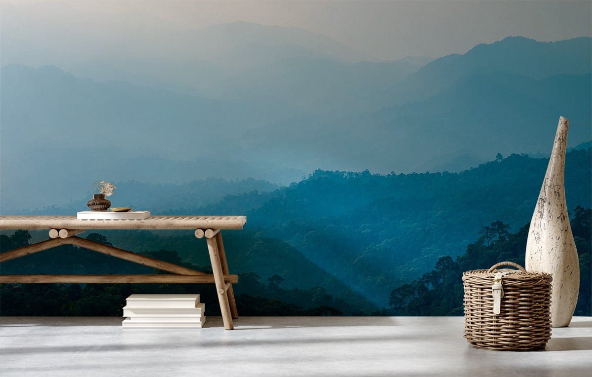 Serene Misty Blue Mountain Mural Wallpaper, rustic bench, calm interiors, wicker basket, soothing decor.