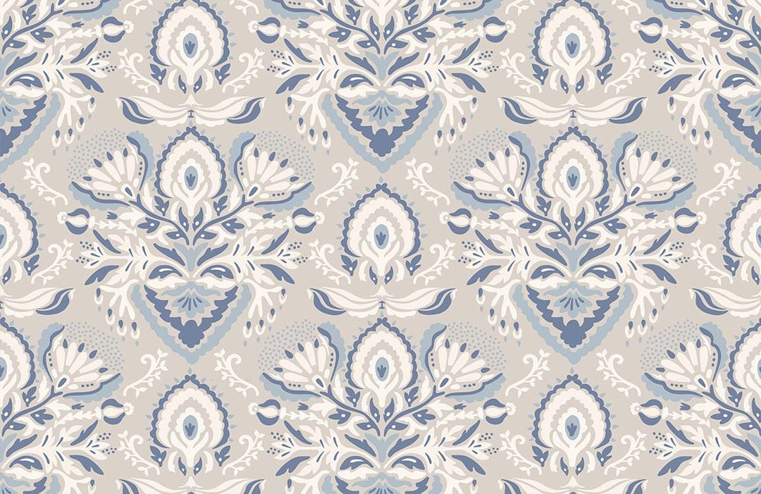 Elegant Blue and Grey Damask Pattern Wallpaper for Stylish Interiors