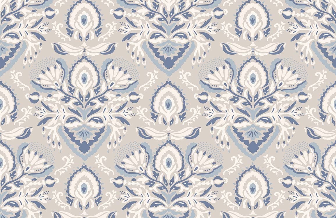 Elegant Blue and Grey Damask Pattern Wallpaper for Stylish Interiors