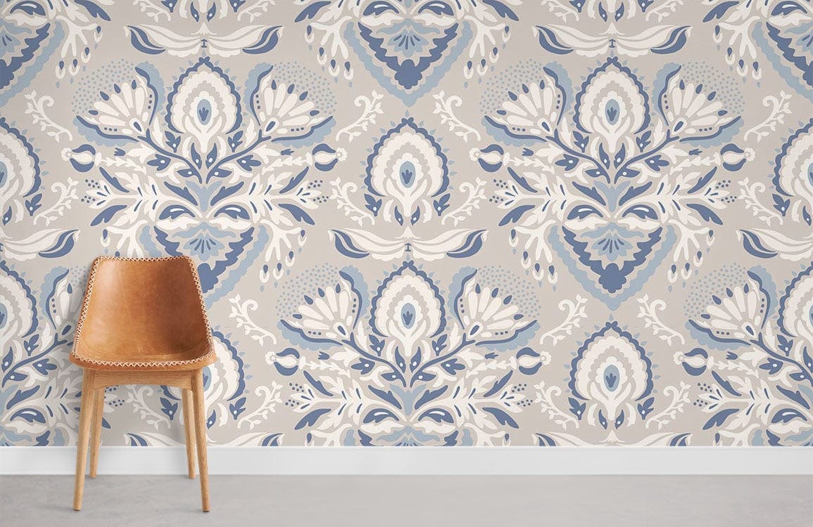 Elegant Blue and Grey Damask Wallpaper with stylish chair; ideal for modern living room decor.
