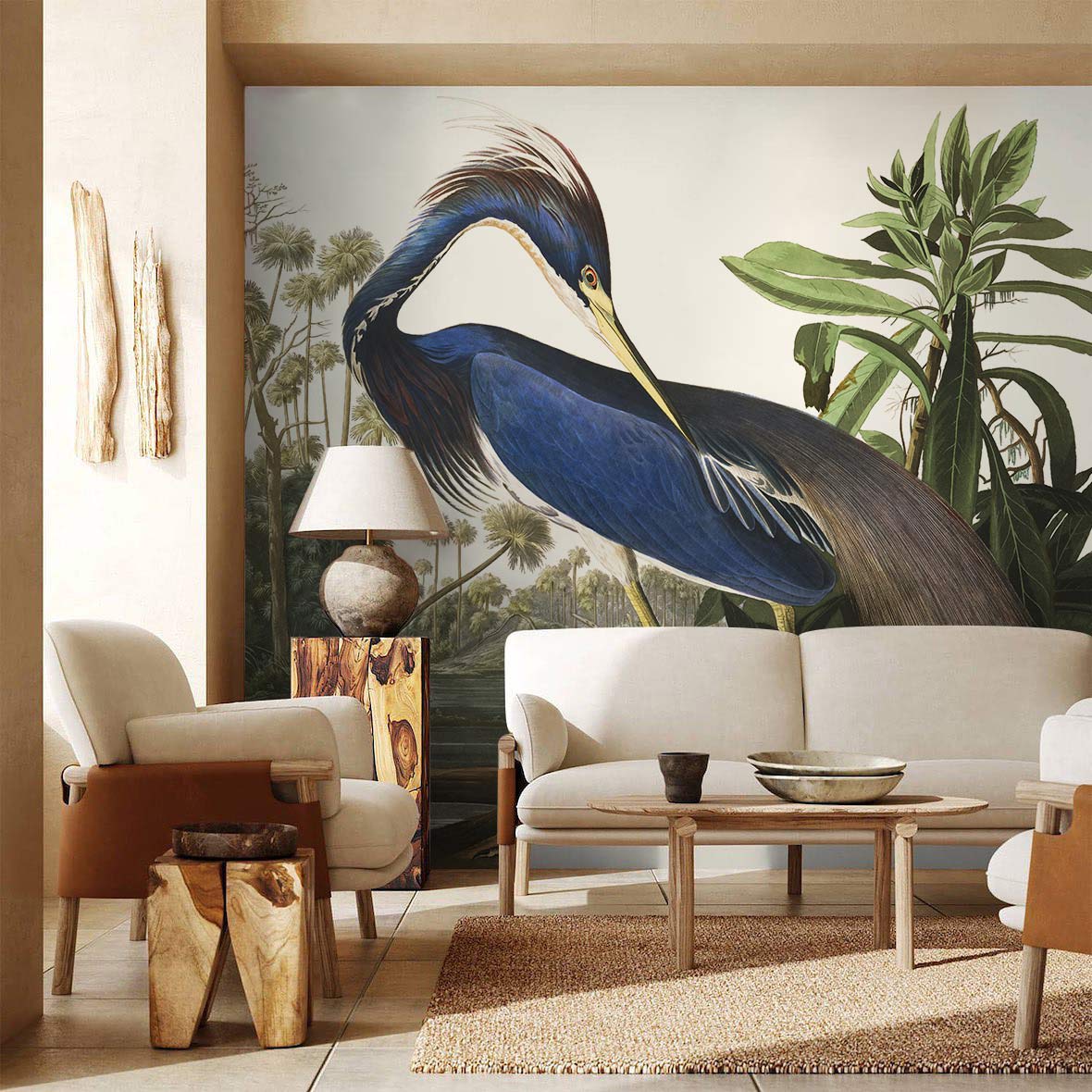 Elegant Blue Heron mural wallpaper, modern living room, beige sofa, natural wood furniture, tropical decor.