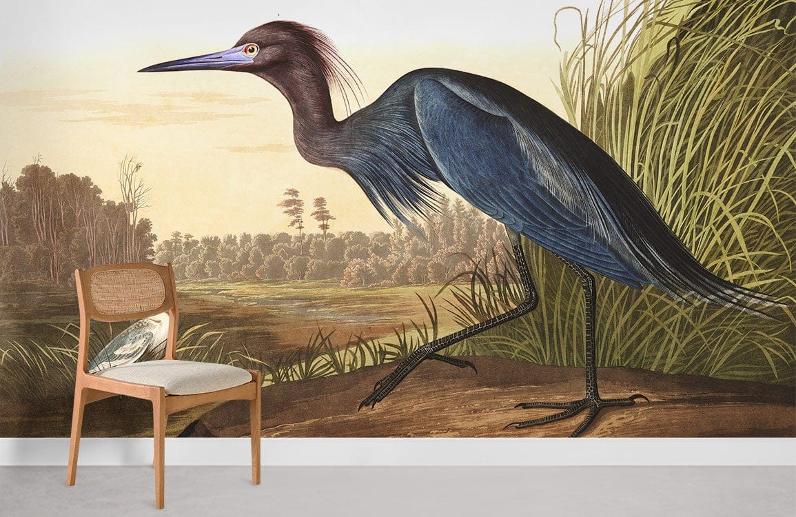 Elegant Blue Heron mural wallpaper in a modern living room with wooden chair on white flooring.