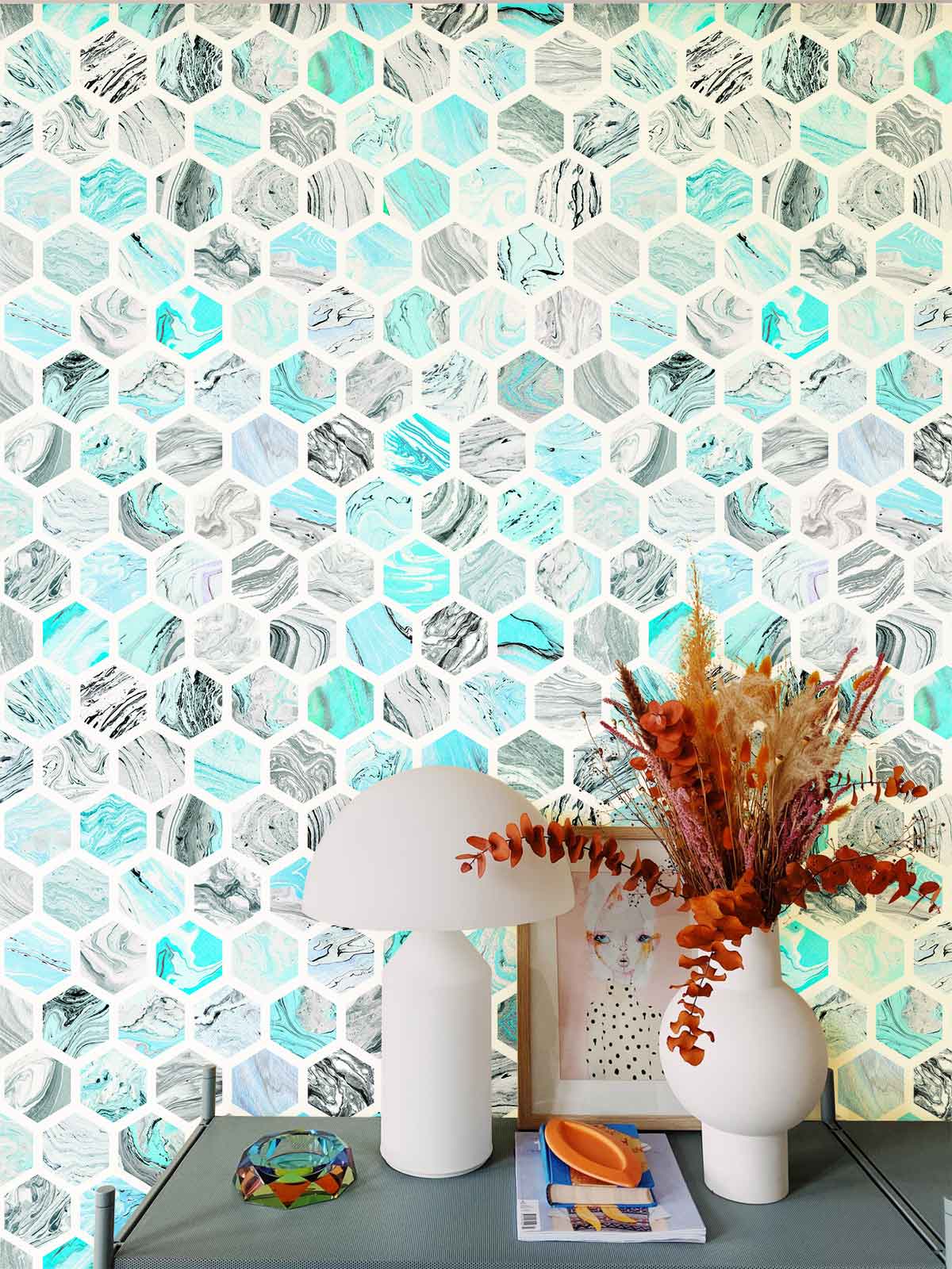 Aqua Grey Hexagon Geometric Wallpaper in modern interior with vases on a tabletop.