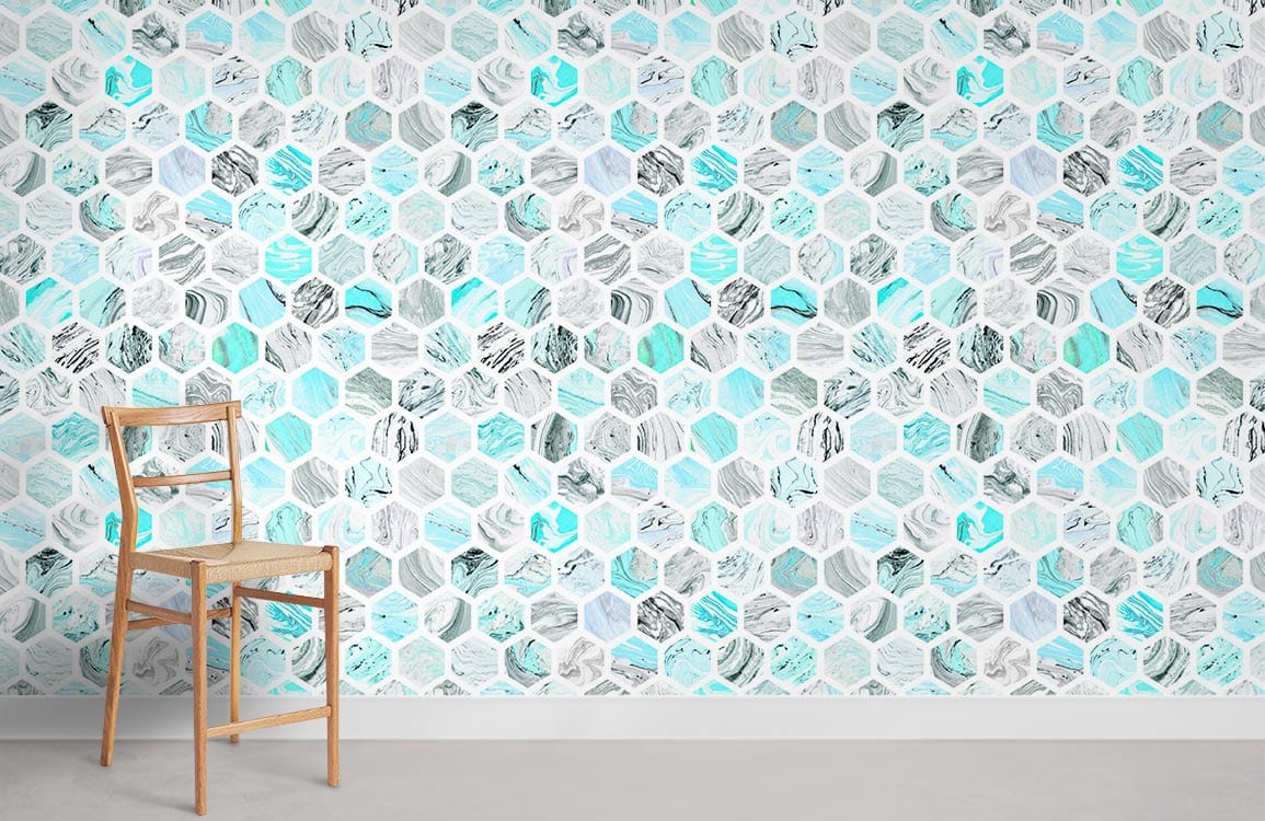 Aqua and grey hexagon wallpaper with wooden chair, modern decor, suitable for contemporary interiors.