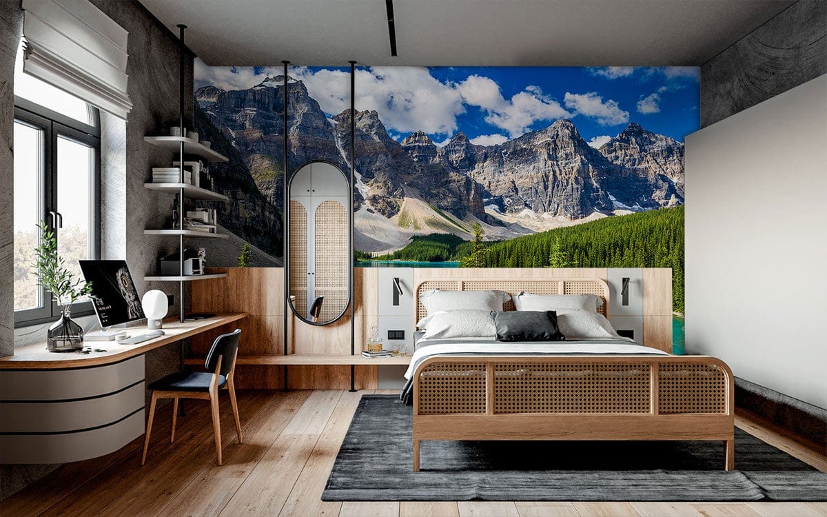 Modern bedroom with Serene Turquoise Mountain Lake mural, grey walls, wooden flooring, stylish wooden furniture.