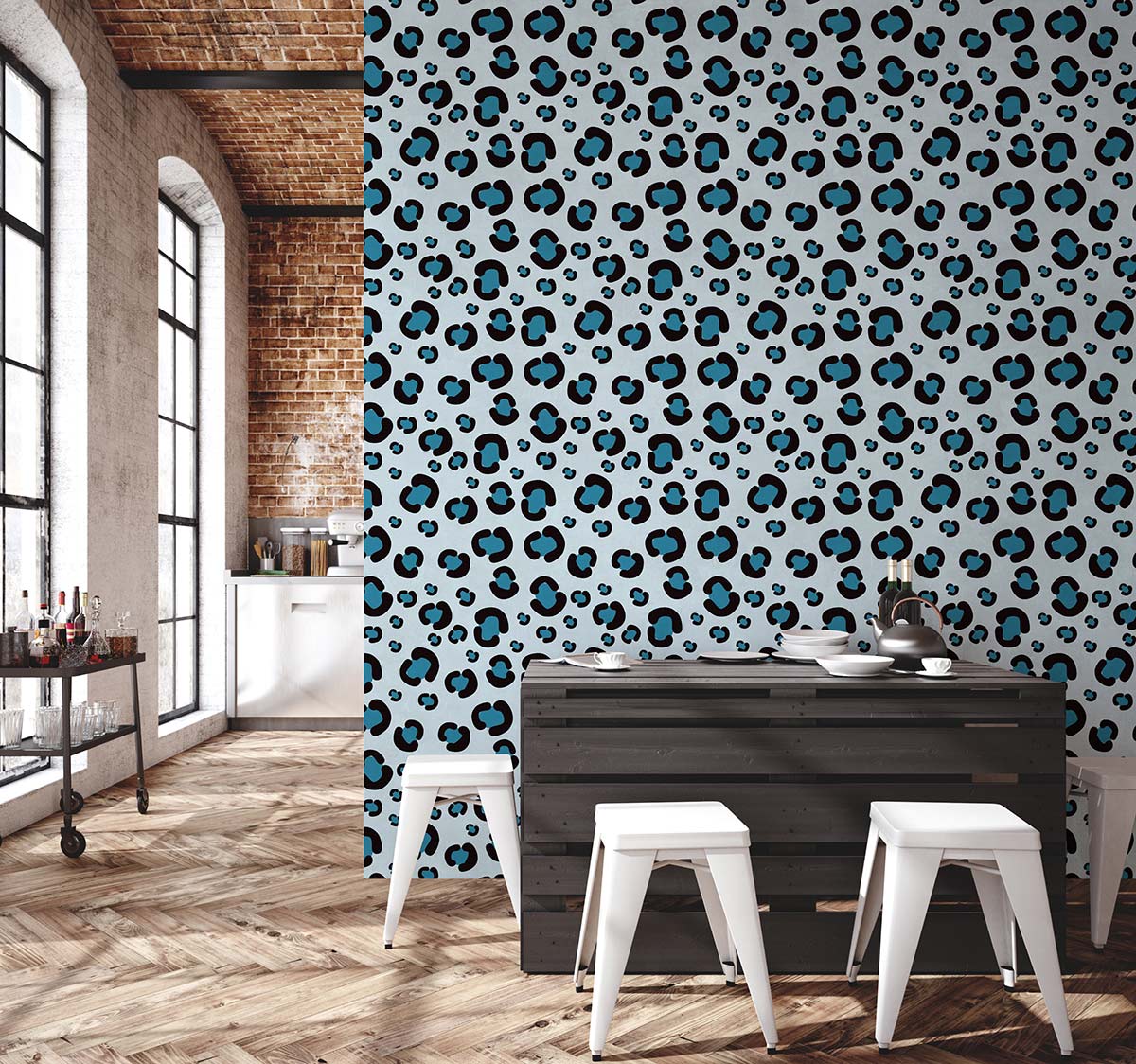Bold Turquoise Leopard Print Wallpaper in rustic kitchen with wooden flooring, brick walls, and modern furnishings.