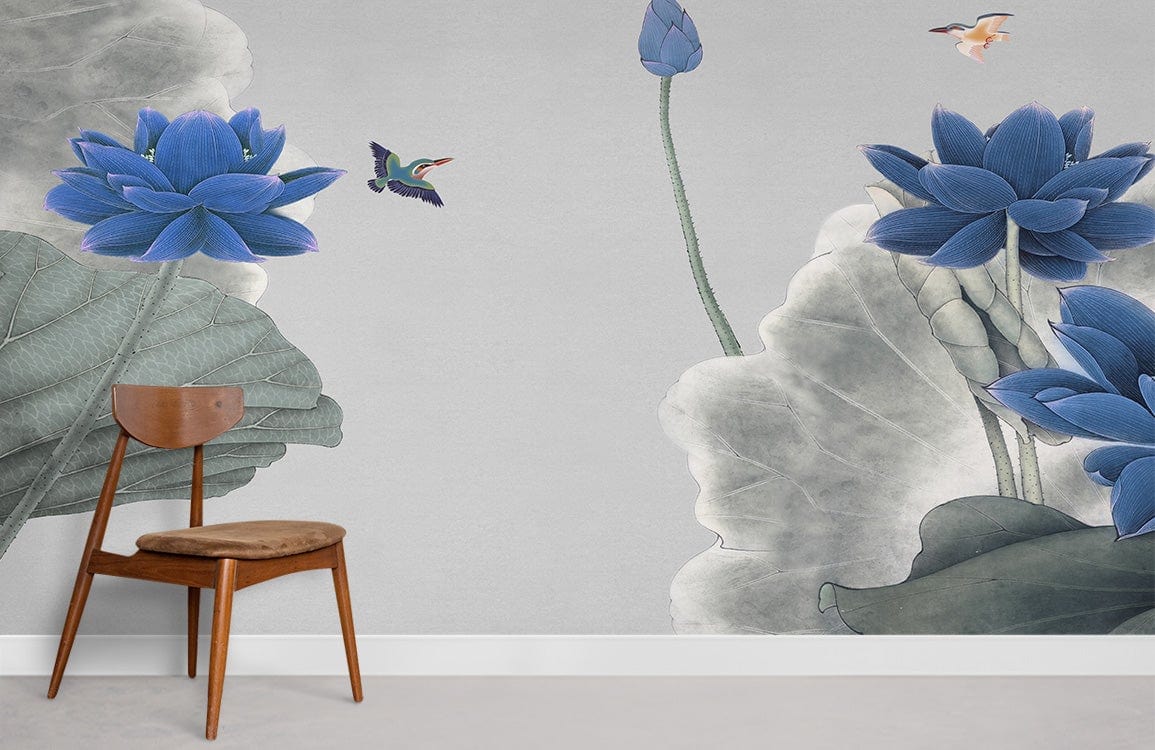 Elegant Blue Lotus and Hummingbird Mural Wallpaper with wooden chair, grey wall, contemporary interior design.