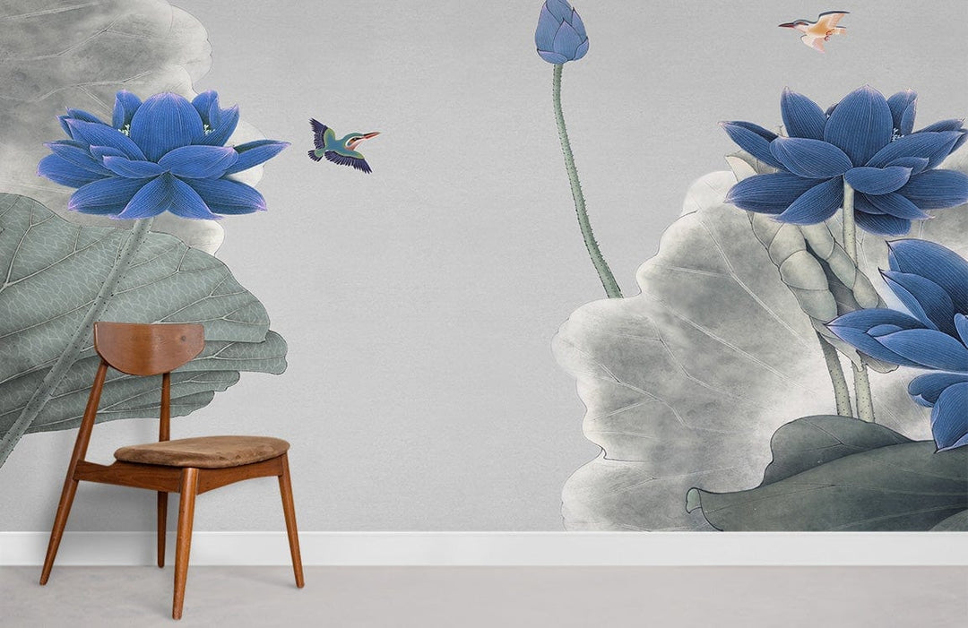Elegant Blue Lotus and Hummingbird Mural Wallpaper with wooden chair, grey wall, contemporary interior design.