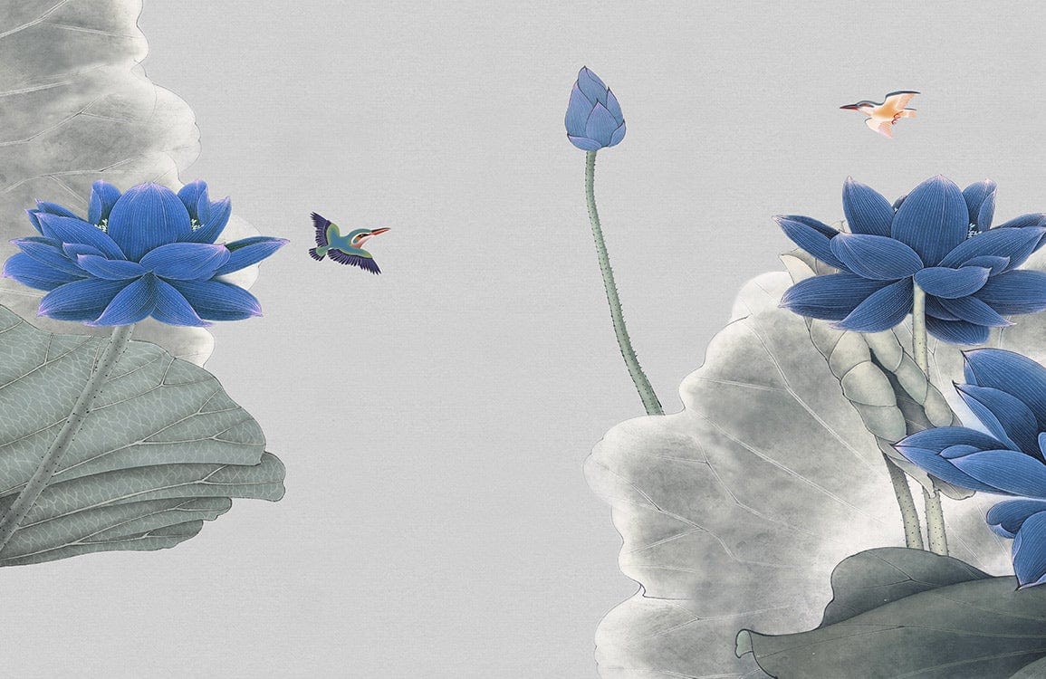 Elegant Blue Lotus and Hummingbird Watercolour Mural Wallpaper - Serene Nature Theme