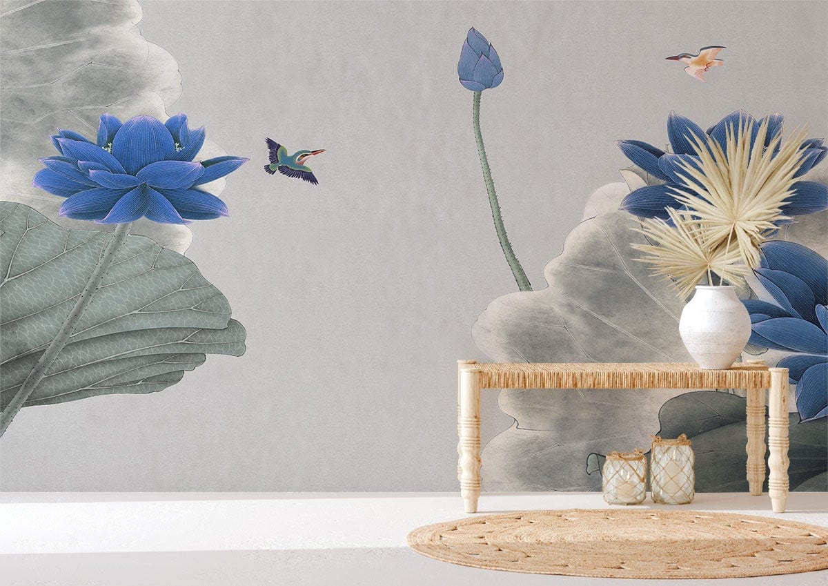 Elegant Blue Lotus and Hummingbird Mural Wallpaper, natural wood side table, rattan rug, serene Décor.