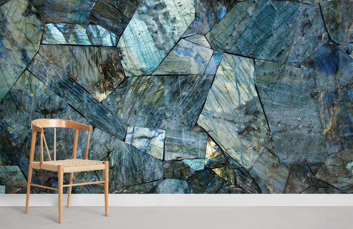 Iridescent Blue Gemstone Patterned Wallpaper, wooden chair, minimalist design, beige floor, elegant lounge setting.