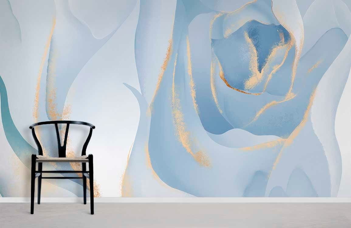 Elegant Blue and Gold Floral Mural Wallpaper, featuring black chair and minimalist interior design.