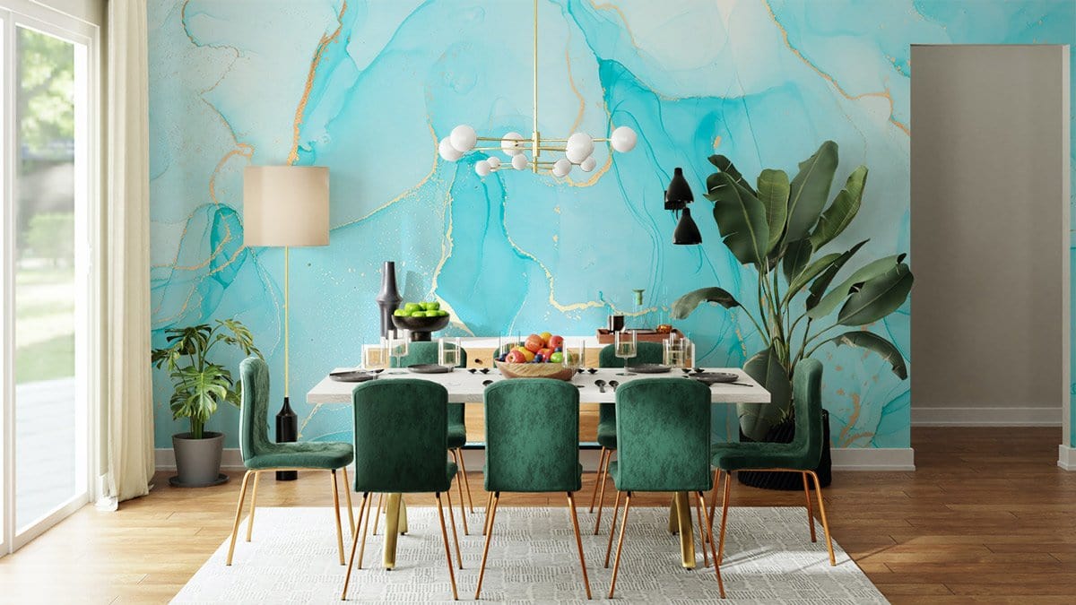 Turquoise marble watercolour mural in dining room with velvet chairs, wooden flooring, and gold accents.