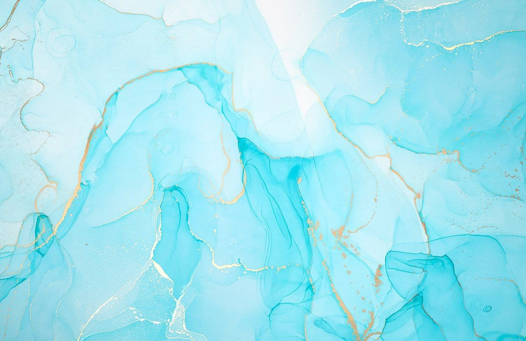 Turquoise Marble Watercolour Flow Mural Wallpaper with Abstract Gold Accents