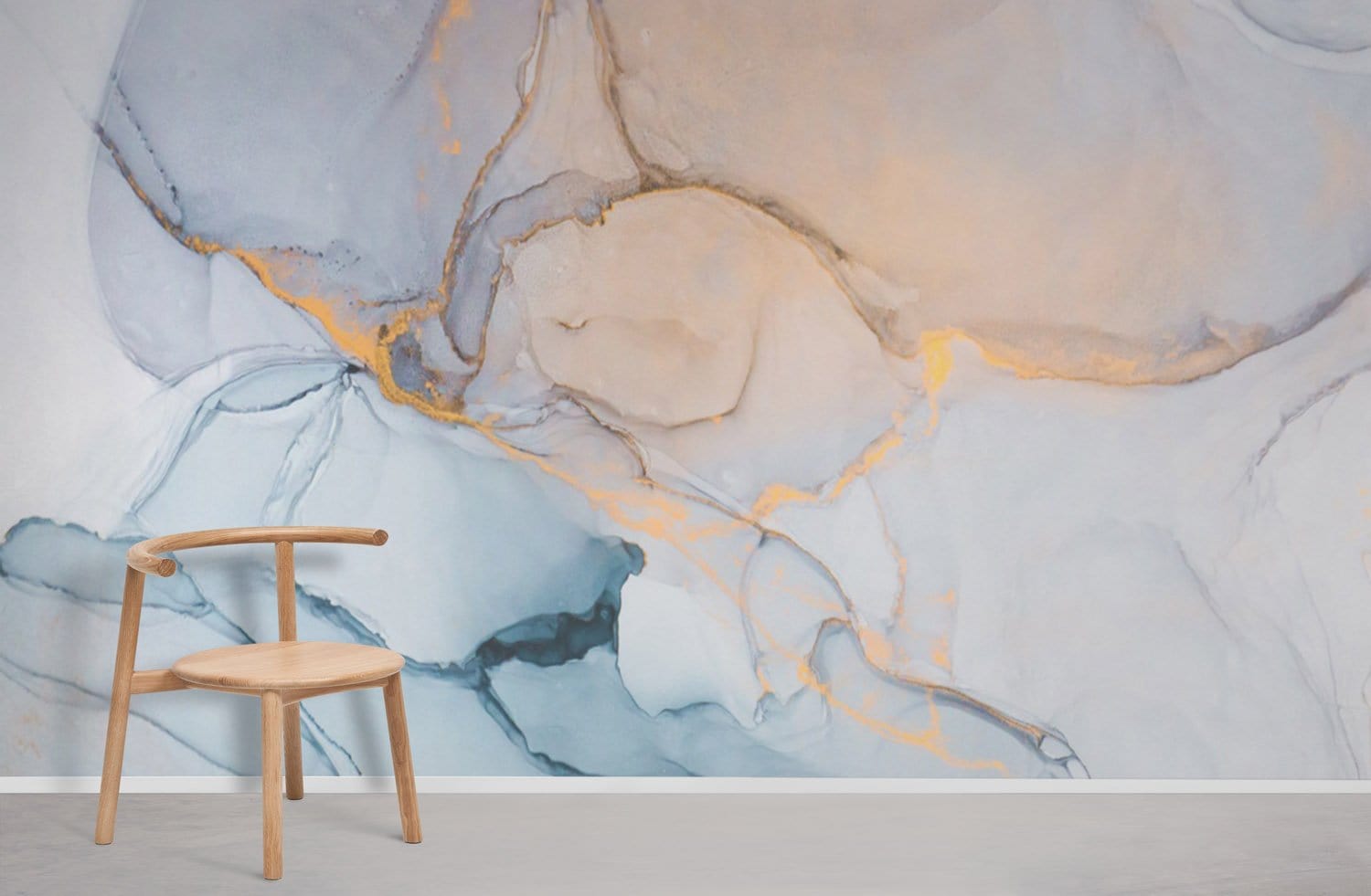Elegant Marble Swirl Mural Wallpaper with wooden chair on grey flooring in minimalist room setting.