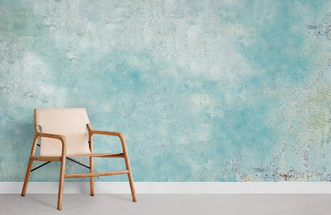 Vintage blue textured mural wallpaper in room with beige wooden chair, grey flooring, aqua chic decor.