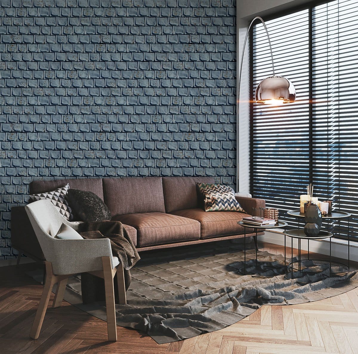 Grey Rustic Brick Pattern Wallpaper, vintage living room with brown sofa, wooden flooring, and modern decor.