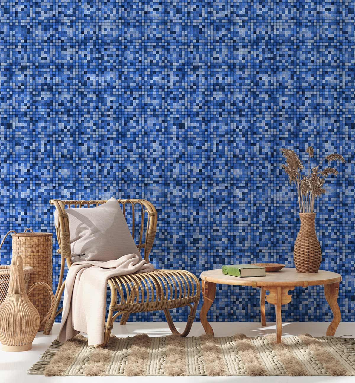 Modern Blue Pixelated Mosaic Wallpaper; rattan chair, round table, neutral rug, contemporary decor style.