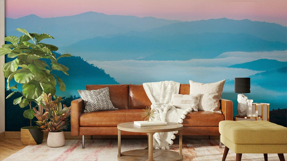 Tranquil Misty Mountain Wallpaper, pastel blues, living room, brown leather sofa, minimalist decor, wooden flooring.
