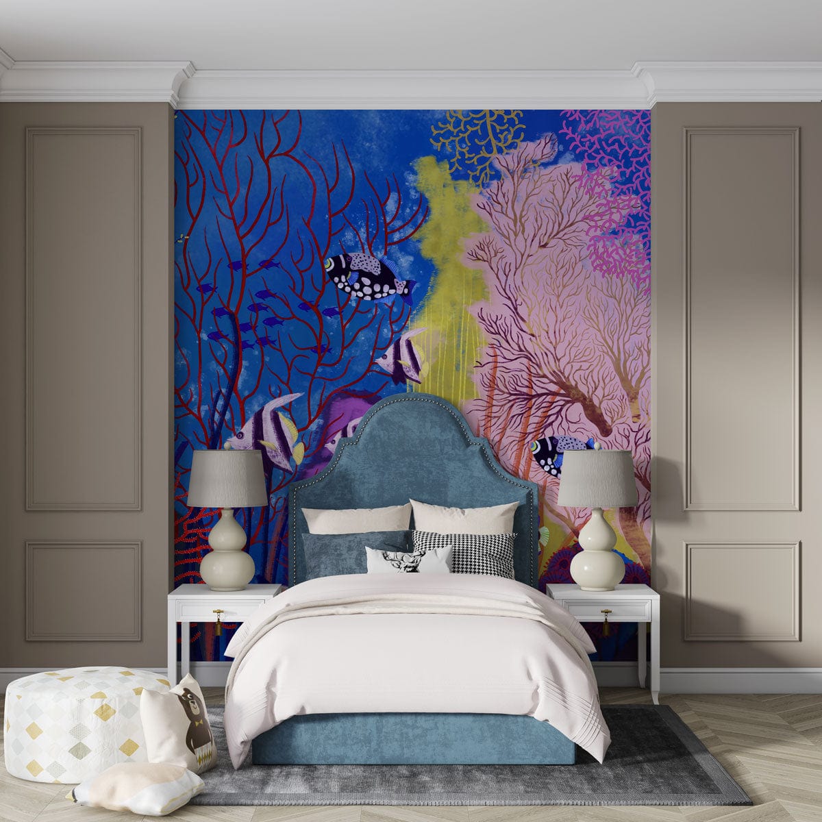 Elegant bedroom with Tropical Underwater Paradise Mural, blue and coral decor, beige walls, and plush bed.