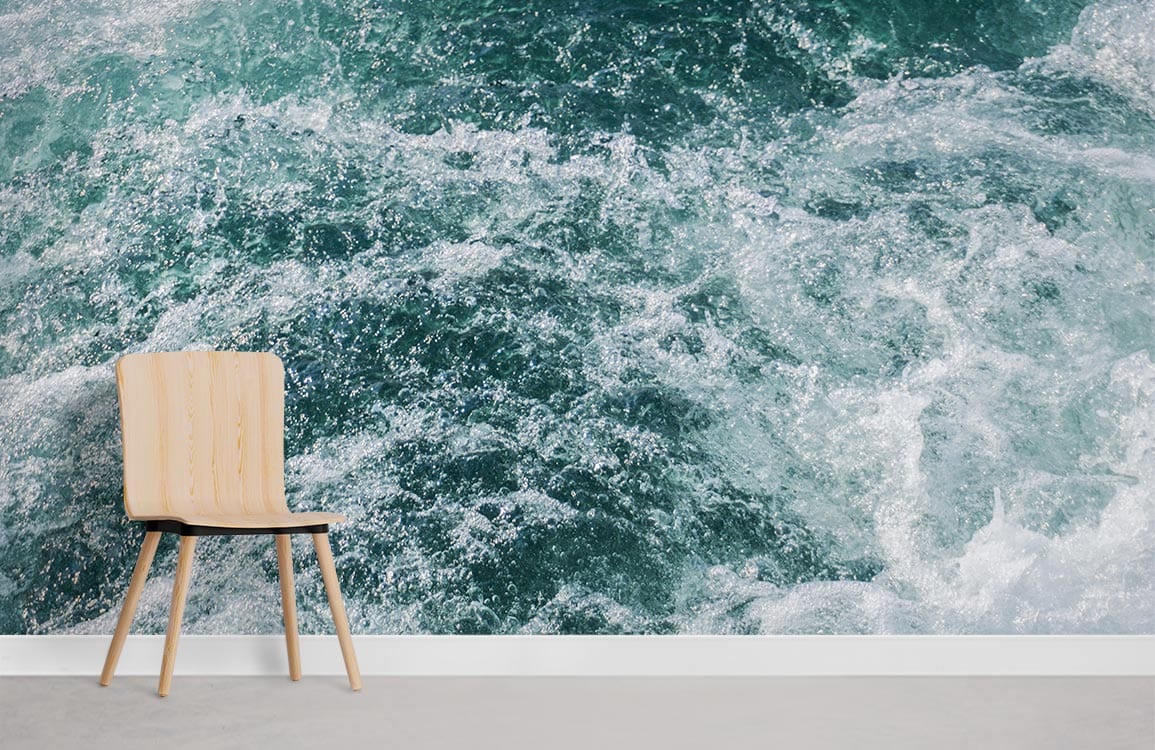 Oceanic aqua textured wallpaper in modern room with wooden chair on grey floor, water-inspired design accents.