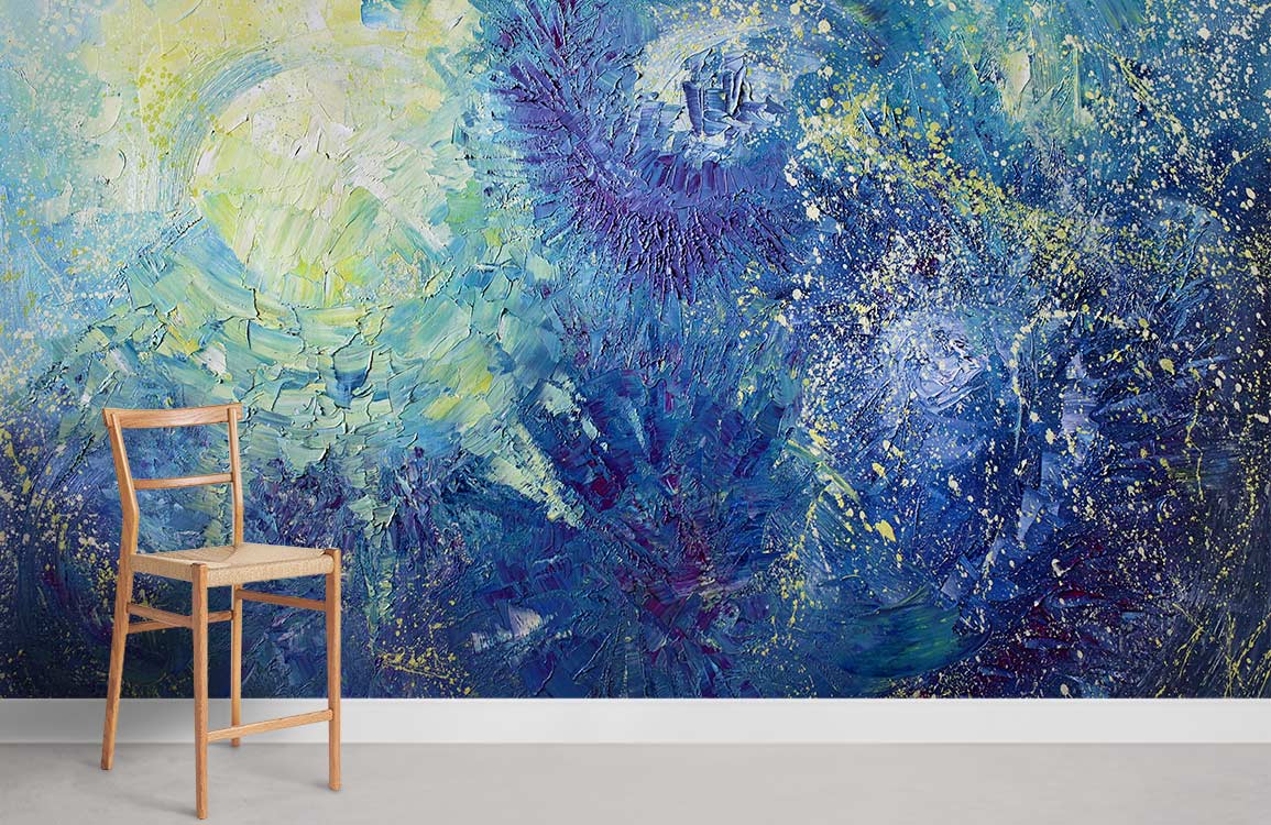 Abstract Oceanic Dreams wallpaper, vibrant blue and green mural, wooden chair, modern room decor.