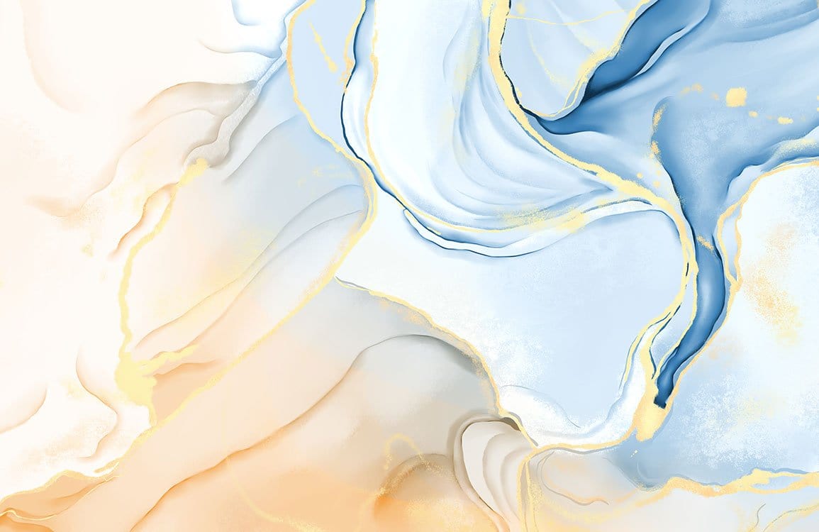 Elegant Pastel Ethereal Waves: Soft Blue Gold Marble Wall Mural Design