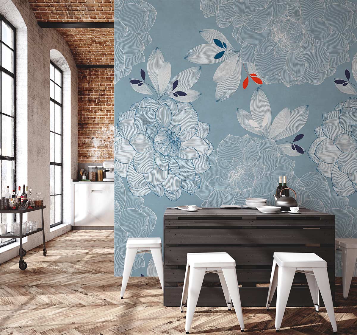 Elegant blue floral wallpaper in modern kitchen, featuring wood flooring and industrial brick wall style.