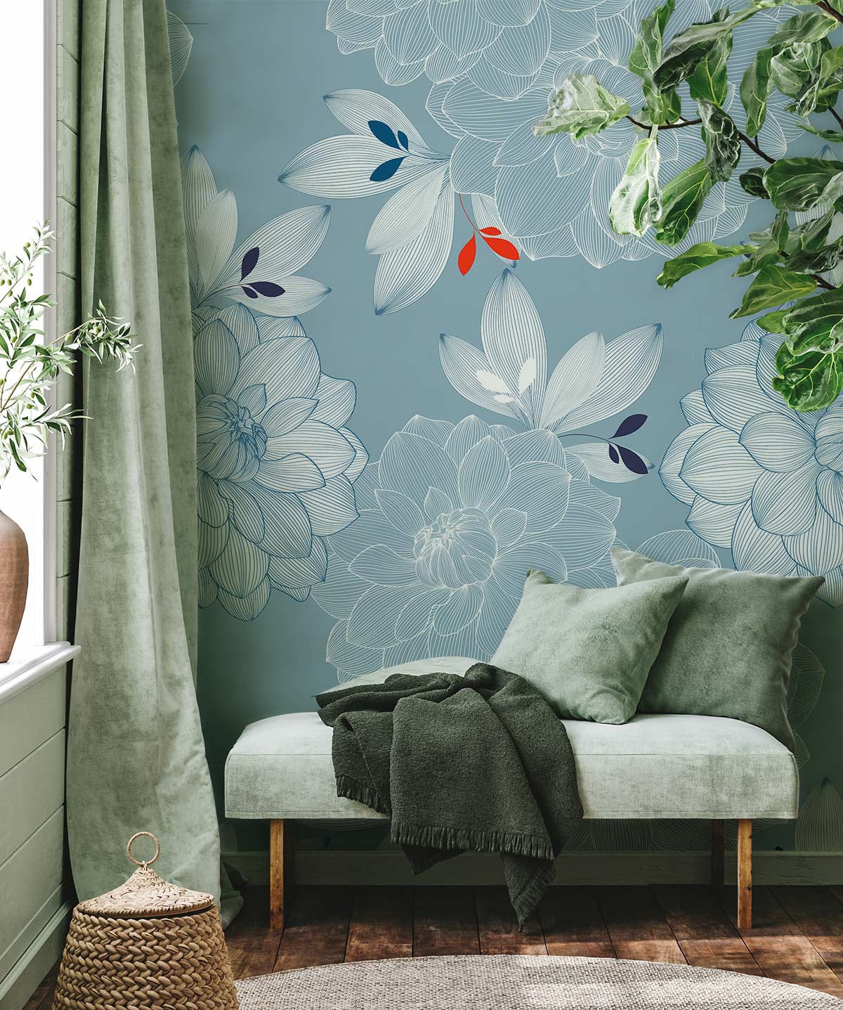 Elegant blue floral wallpaper with botanical accents; green velvet bench; wooden flooring; cosy room ambience.