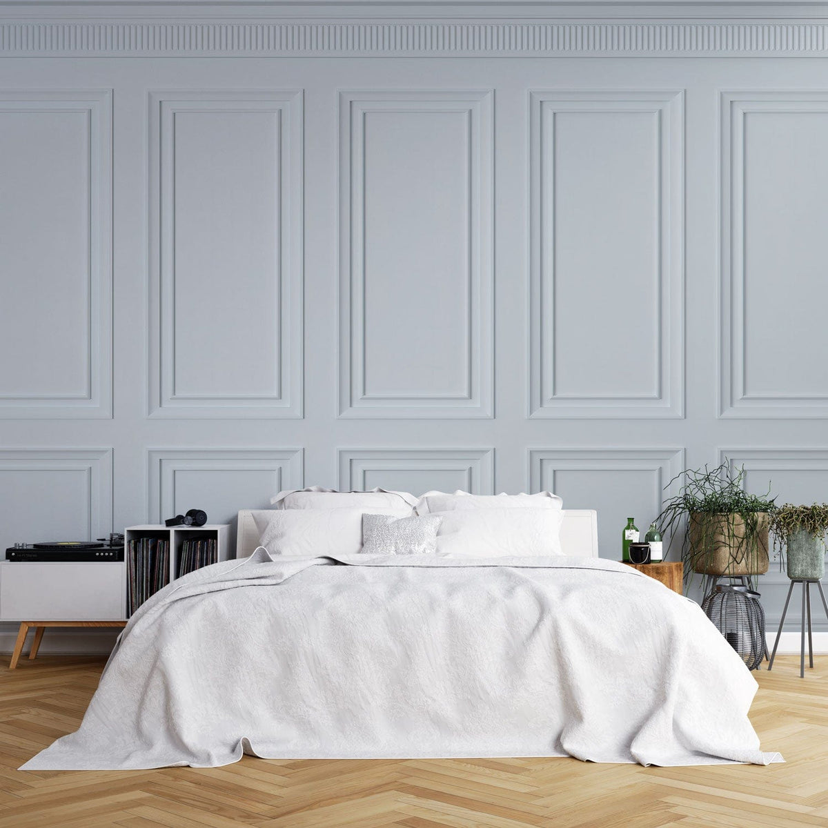 Elegant Classic White Wall Panelling Wallpaper in Contemporary Bedroom with Wooden Flooring, White Bed covers.