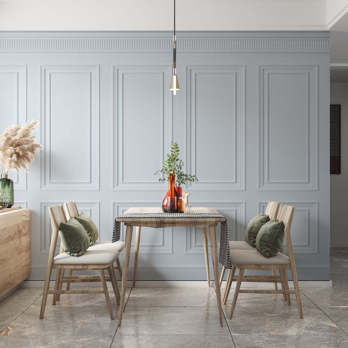 Elegant white panelling effect wallpaper, classic interior style, dining area with wooden table and chairs.