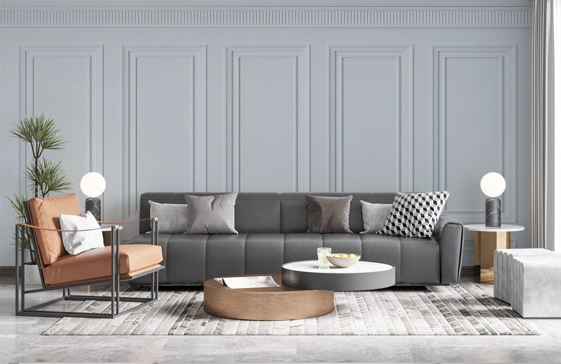 Elegant white panelling wallpaper with grey sofa, modern armchair, and stylish living room Décor.
